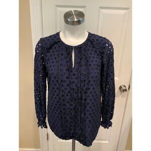 Boden Navy Blue Eyelet Shirt Blouse W/ Ruffle Front, Size 8